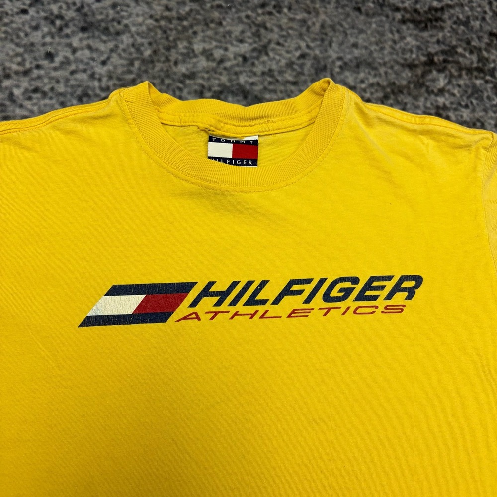 Vintage 90s Tommy Hilfiger Athletics T Shirt Mens Medium Yellow Logo Graphic - Picture 4 of 10